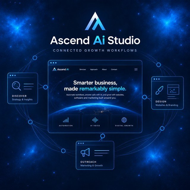 Ascend Ai Studio artwork with blue orbital lines connecting discovery, design and outreach