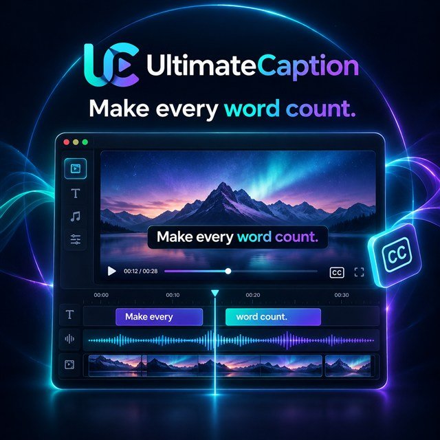 UltimateCaption editor artwork with caption blocks and an audio timeline